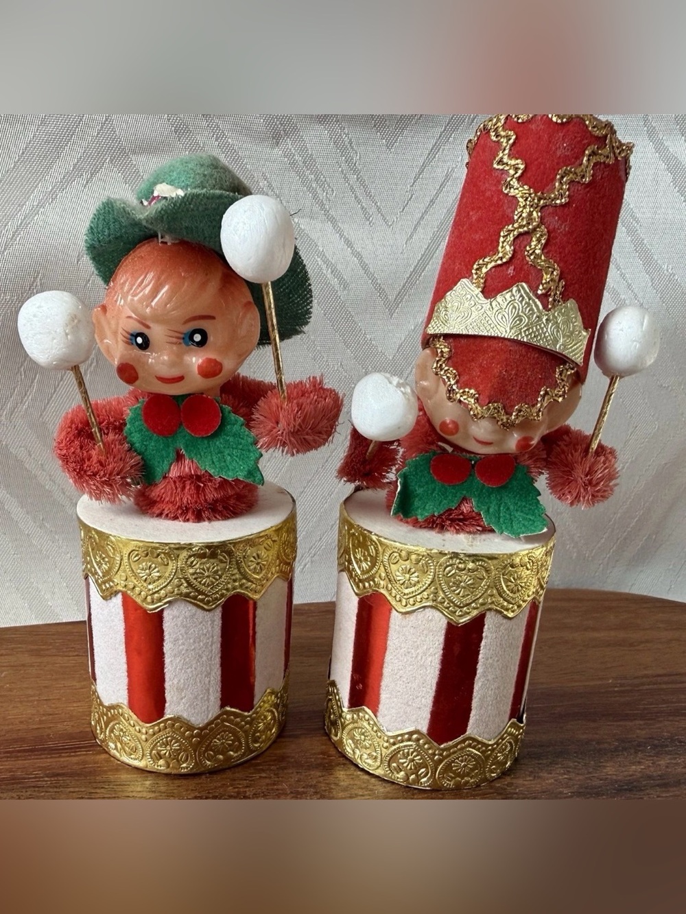 Lot Of 2 Felt Elves Handmade MCM Christmas Ornaments Drummer Elf